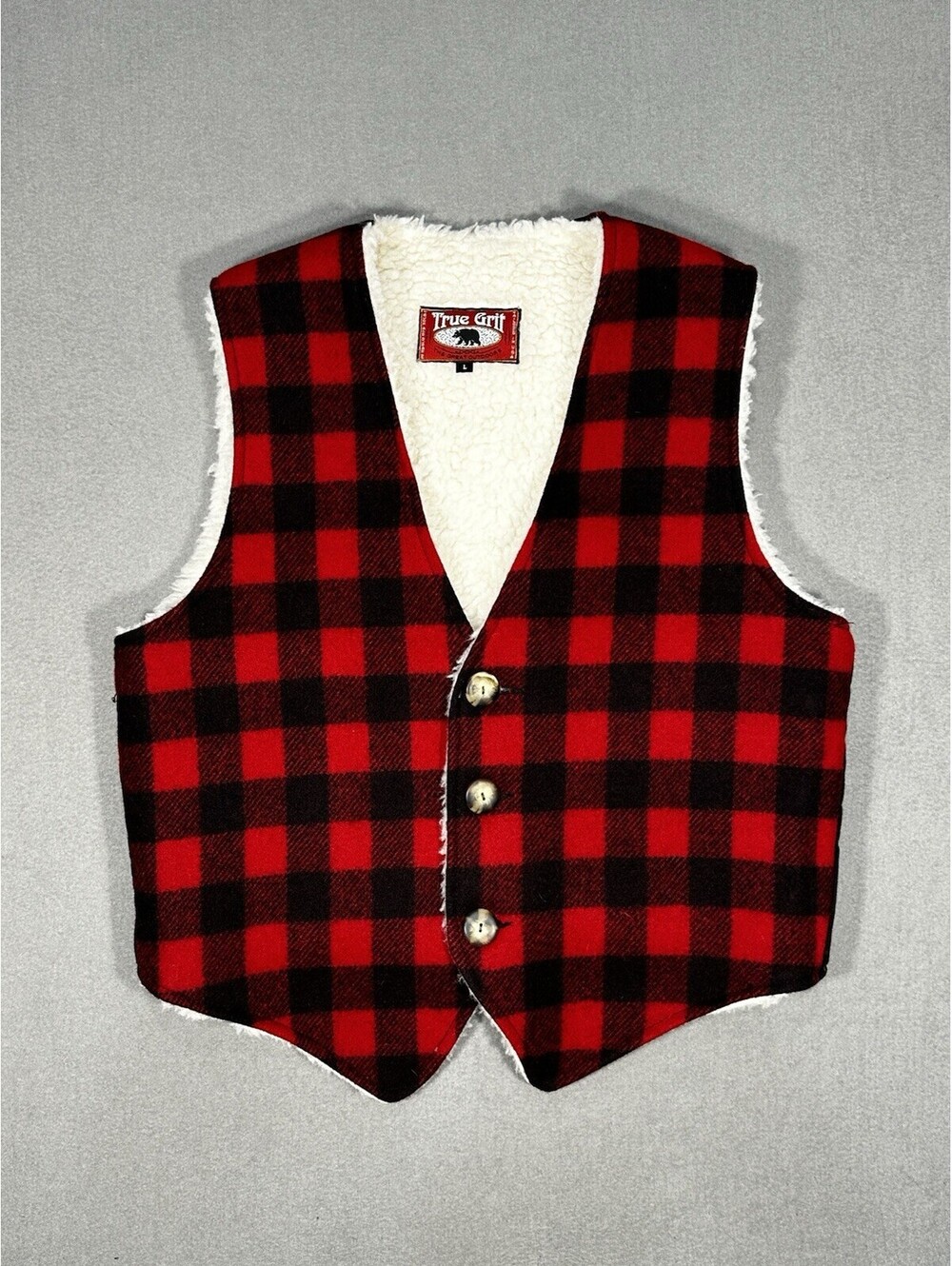 True Grit Wool Buffalo Plaid Vest Sherpa Lined USA Made Mens Large Red Black